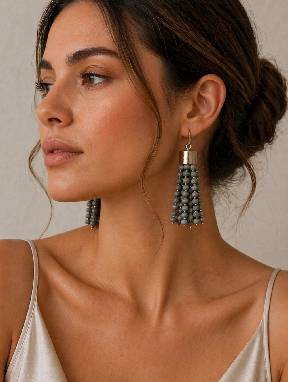 Plunder Design "Robbi" Gray Wood Beads, Fringe Tassels, Earrings - NIP